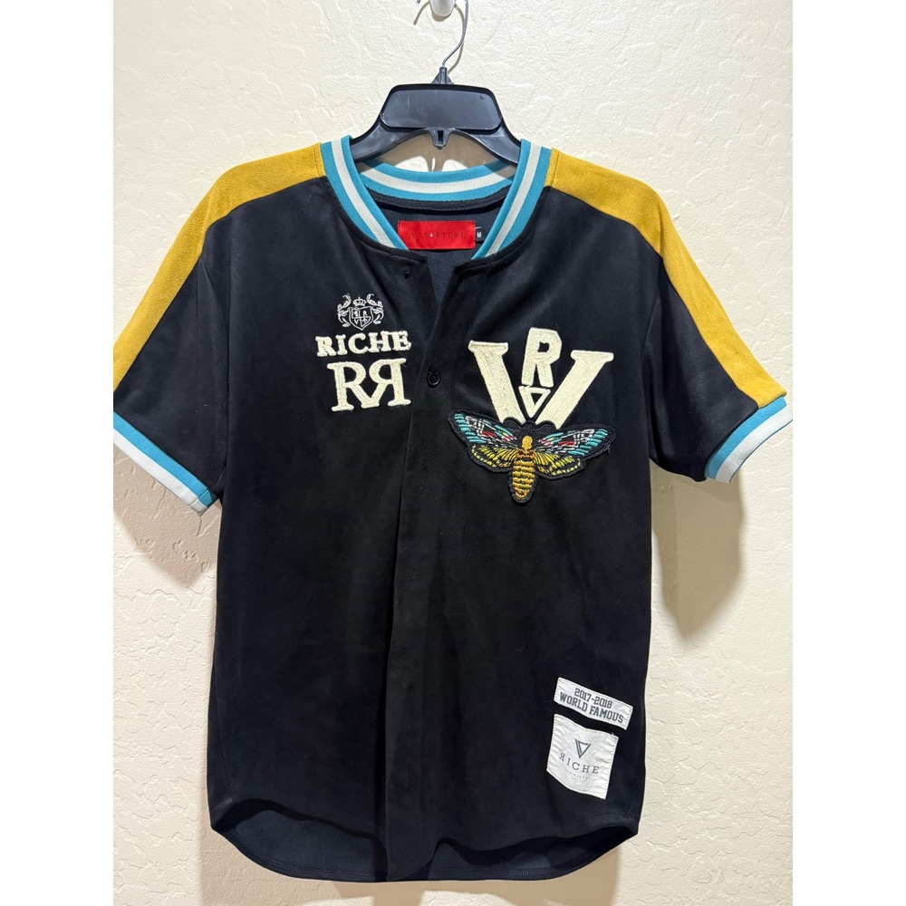 Rare Vie Riche Paris Black Suede Jersey Moth Embroidered Patch Shirt M